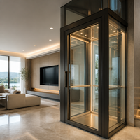 Ascenseur panoramique résidentiel moderne avec cadre noir mat et cabine en verre pour villa, maison intérieure, design contemporain