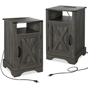 Farmhouse Nightstand <b>Side</b> <b>Table</b> Wooden Rustic <b>Tall</b> Bedside With Electrical Outlets Charging Station 2 Sets - Product Image 6