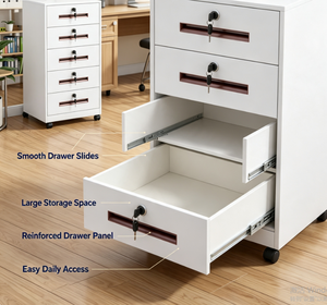 Cassettiera Verticale a 5 Cassetti Bianca e Marrone con Maniglia in Legno, Mobile Contenitore con Ruote e Serrature per Arredamento Ufficio Domestico - Product Image 4