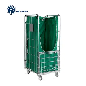 710x800xH1800 Metal Storage Collapsible Roll Cage Container 4 Sided Roll Cage Metal Pallet Trolley For Laundry Hospital