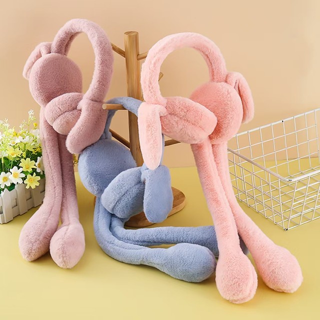 Wholesale Moving Bunny Ear Earmuffs Fluffy Plush Winter Ear Warmers Pop-Up Ears Kawaii Interactive Ear Muffs Kids Cute Photo