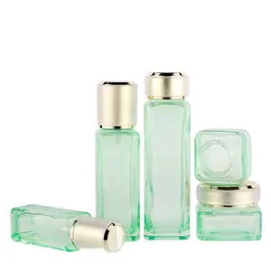 120ml 100ml 40ml 50g 30g matte Green cosmetic glass bottle and jar pump bottle for lotion serum cream full set