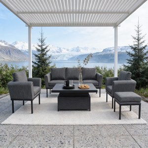 Ensemble de conversation scandinave pour l'extérieur avec structure en aluminium, coussins personnalisables et table basse relevable pour terrasse en bord de lac de style nordique - Product Image 2