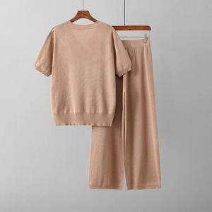 Custom Logo Women's Summer <b>Knit</b> 2 Piece <b>Sets</b> <b>Knitted</b> Sweater Suit Short Sleeve Top and Pants <b>Set</b> One Size - Product Image 6