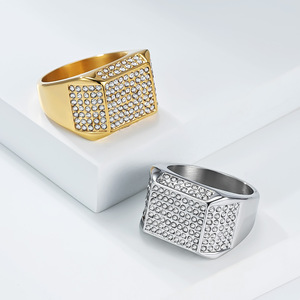 Instagram-worthy, trendy, hip-hop style <b>ring</b> with full diamond detailing, made of <b>titanium</b> steel plated with 18K gold. A bold an - Product Image 2