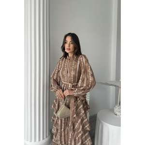 เดรสชีฟองสีน้ำตาลทรงเอไลน์ คอตั้ง แต่งระบายยาว เอวทรงเอ็มไพร์ ผ้าซีทรู ชุดราตรี - Product Image 3