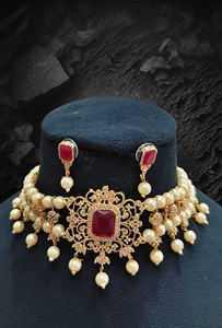 Ensemble de bijoux en pierre de perles Kundan pour femmes ensemble de collier ras du cou avec boucles d'oreilles assorties femmes fille - Product Image 5