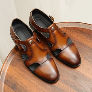 Chaussons pour hommes, sandales pour hommes, style décontracté, chaussures pour hommes, simples, polyvalentes, en cuir véritable, pour le bureau, couleur claire, rétro - Product Image 4