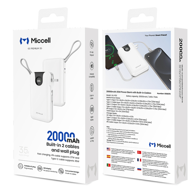 Miccell Wholesale 35W 20000mAh Power Bank with Built-in AC Wall Plug & Charger Cables PD Fast Charging for Phones/Laptops
