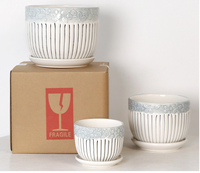 Lot de 3 pots de fleurs en porcelaine texturée à rayures verticales, avec soucoupes, écologiques, pour intérieur domestique - Vente chaude