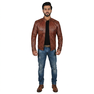2026 Premium Quality Customizable Vintage Leather <b>Jacket</b> for Men's <b>Slim</b> <b>Fit</b> Stand Collar Front Logo Pockets Breathable Design - Product Image 1