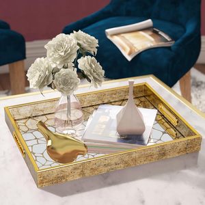 صينية فاخرة بتصميم مخصص من المصنع مع مقابض، عاكسة بلمسة عتيقة لديكور الطاولة، صينية مستطيلة لطاولة الأريكة - Product Image 2