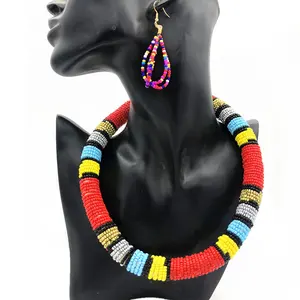 Nieuwe Ontwerp Kralen Ketting Lange Hoepel Oorbellen Multi-Layer Rijst Tribal Afrikaanse Kralen Choker Ketting Sieraden Sets Voor Vrouwen