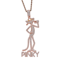 Collier pendentif hip-hop en laiton plaqué or véritable avec zircon, motif dessin animé, avec pendentif panthère rose
