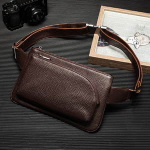Sac de poitrine en cuir de vachette pleine fleur pour homme, grande capacité, noir uni, sac de loisirs et de voyage, sac à bandoulière et sac banane - Product Image 3