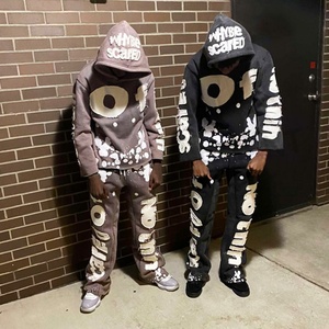 Men Applique Patches Embroidery Custom Logo Jogger Flare Tracksuit Cut and <b>Sew</b> Hoodies Two Piece <b>Set</b> Sweat Suit - Product Image 2