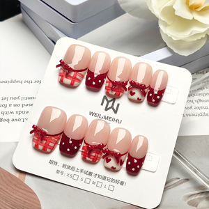 <span class=keywords><strong>Uñas</strong></span> Postizas Acrílicas <span class=keywords><strong>Cortas</strong></span> Cuadradas, 10 Piezas, Color Rosa Nude Brillante con Lazo <span class=keywords><strong>Rojo</strong></span> <span class=keywords><strong>Vino</strong></span> y Diseño a Cuadros, <span class=keywords><strong>Uñas</strong></span> Adhesivas de Lujo - Product Image 4