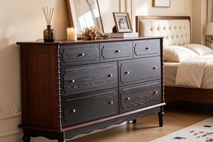 Vintage Black 7-<b>Drawer</b> Dresser, Farmhouse Sideboard with Bobbin Details & Gold Knobs - Product Image 5