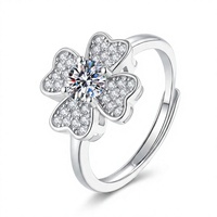 Bague ajustable en argent sterling plaqué or 18 carats avec trèfle à quatre feuilles et zircon, idéale pour les fêtes, pour femme, cadeau, bijoux personnalisés en moissanite