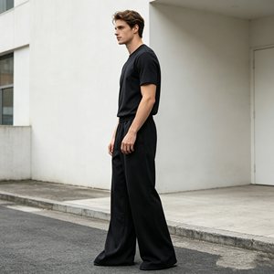 Ensemble homme 450g très vendu, t-shirt col rond gaufré et pantalon jogger, ensemble deux pièces été 100% coton couleur unie pour homme - Product Image 2