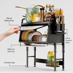 Scolapiatti scorrevole antipolvere da posizionare sopra il lavello con vassoio raccogligocce, porta coltelli e <span class=keywords><strong>organizer</strong></span> da cucina regolabile in acciaio al carbonio - Ordine campione - Product Image 2