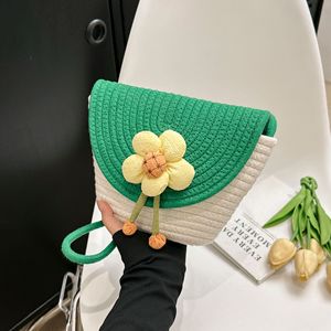 Floral <b>Straw</b> Woven Bucket <b>Bag</b> Green White Handmade Crossbody Shoulder <b>Bag</b> For Women Summer Portable Everyday Use - Product Image 1