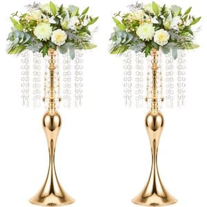 Gold <strong>Flower</strong> <strong>Vases</strong> for Centerpieces, Tall Metal <strong>Flower</strong> <strong>Vases</strong> with Chandelier Crystal, <strong>Flower</strong> Stand for Wedding Party Reception - Product Image 1
