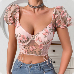 Europese en Amerikaanse backless doorzichtige bloemenborduurwerk patchwork veter-top met pofmouwen sexy lingerie set - Product Image 3