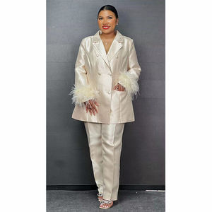 Nuovi Arrivi: Set Elegante da <span class=keywords><strong>Donna</strong></span> a Due Pezzi con <span class=keywords><strong>Pantaloni</strong></span> Dritti, Completo da Ufficio <span class=keywords><strong>Taglie</strong></span> Forti con Dettagli in Piume - Product Image 5