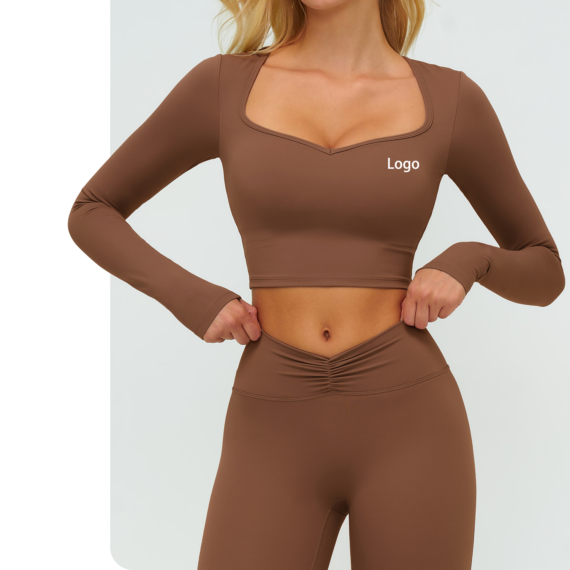 Wholesale Brushed Double Layer Breathable Four-Way Stretch Yoga Tops V Neck Quick Dry Training Gym Fitness Top Long Sleeve