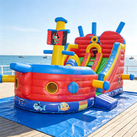 Castillo Inflable Seco y Húmedo con Tobogán de Barco Pirata, Casa de Brinco para Niños con Soplador, para Fiestas al Aire Libre en el Patio Trasero