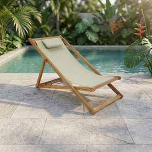Wooden Beach Chair Folding Outdoor Lounge Chair with Polyester Fabric Coastal Style for <b>Sand</b> Use - Product Image 2
