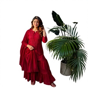 Red Embroidered Floor-Length <b>Kurta</b> Set With Dupatta <b>Women</b> Traditional Ethnic Indian Pakistani Wedding Wear - Product Image 1