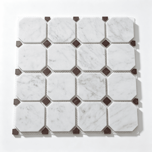 Mosaïque de marbre blanc Carrara octogonal 300x300mm, dos en filet, avec copeaux de marbre brun rouge pour salle de bain, cuisine et intérieur. - Product Image 4