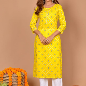 Vente chaude Readymade Indian Wear Anarkali Reyon Feuille D'or Impression Broderie Kurti avec Dupatta pour Femmes et Filles - Product Image 1