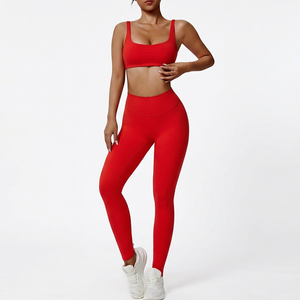 <b>Red</b> Seamless Yoga Set High Waist Leggings <b>Crop</b> <b>Top</b> Racerback Square Neck 2 Piece Activewear Full Length Spandex Polyester - Product Image 1