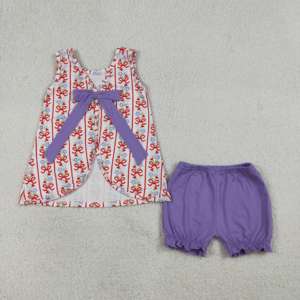 GSSO2785 rts Ensemble sans manches pour fille, motif fleurs bleues et nœuds rouges, tenue pour enfant, vente en gros - Product Image 6