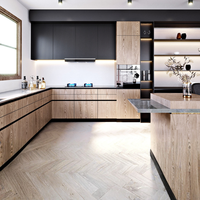 Meubles de cuisine contemporains en L Sofeyia, bicolores, gris anthracite, sans poignées, avec étagères ouvertes éclairées par LED