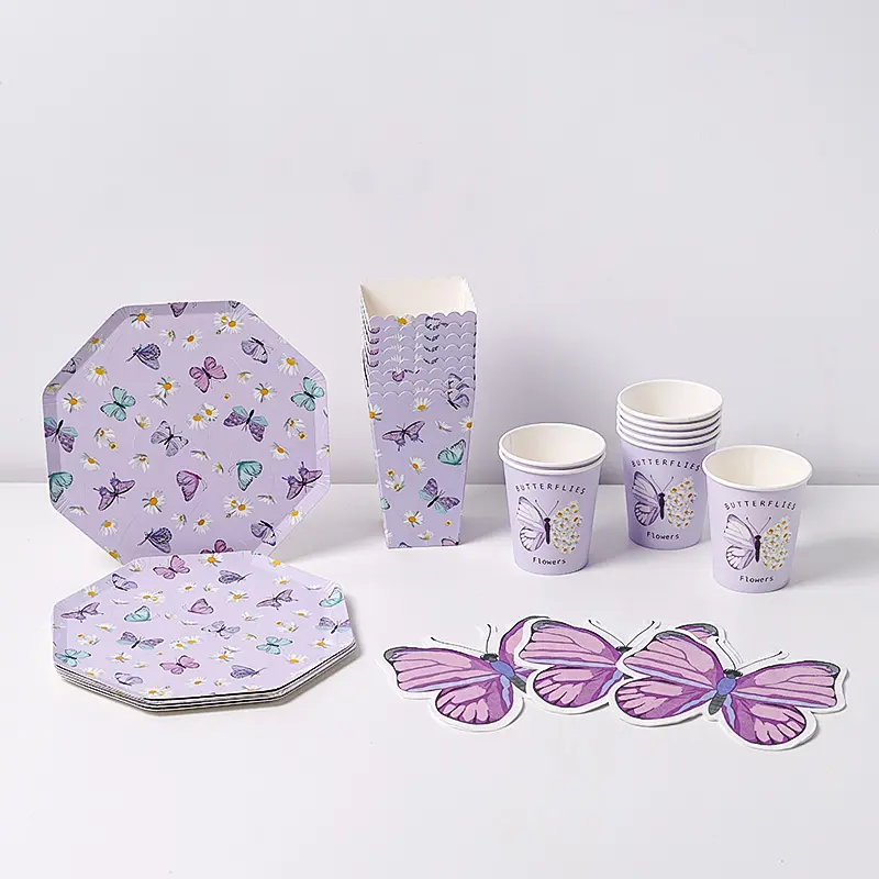 Suministros de fiesta de cumpleaños de mariposa, platos de fiesta de mariposa, tazas, servilletas y cubiertos, decoraciones de cumpleaños de mariposa