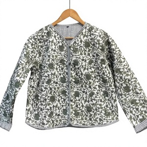 Handmade cotton quilted <b>jacket</b> women grey white floral print boho <b>kantha</b> style button front full sleeves lightweight casual - Product Image 1
