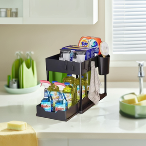 Organisateur de cuisine en plastique à deux niveaux <span class=keywords><strong>sous</strong></span> l'évier, rangement coulissant pour les articles ménagers - Product Image 3