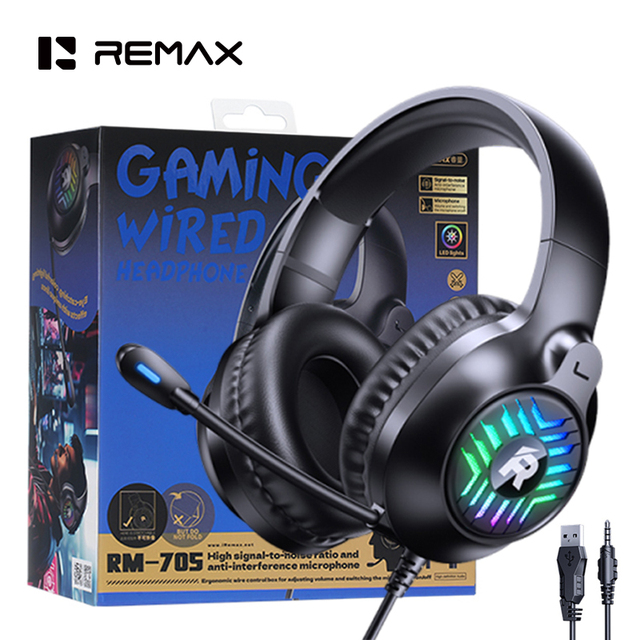 REMAX RM-705 Wired Gaming Headset with RGB Light 50mm Driver Over-Ear Headphones with HD Microphone for PC PS4 PS5 Xbox Gamer