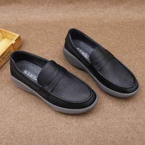 BULAI Mocassins en cuir véritable pour hommes, bout rond, semelle extérieure en caoutchouc, chaussures de marche confortables, noires - Product Image 3