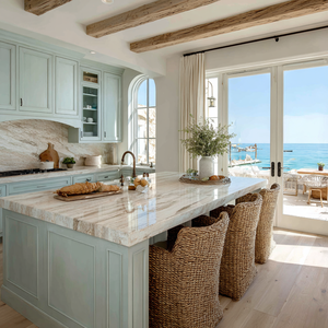 Meubles de cuisine vert clair style côtier avec îlot en marbre et ensemble de meubles modulaires en bois <span class=keywords><strong>blanchi</strong></span> - Product Image 5