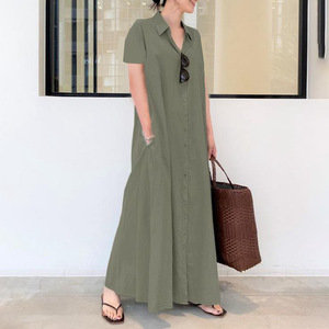 Nouveau et Style coton et lin couleur unie col <span class=keywords><strong>polo</strong></span> manches courtes poche Simple ample décontracté longue chemise robe - Product Image 3