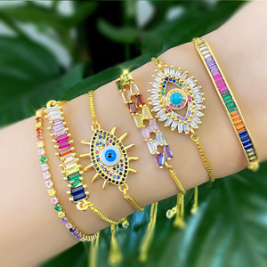 SL157 squisita lega di rame placcato oro 18K zircone Micro-intarsiato colorato cristallo <span class=keywords><strong>blu</strong></span> occhio tirare scatola regolabile bracciale a catena - Product Image 1
