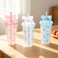 Nouvelle bouteille en plastique de 24 oz avec paille et nœud, idéale pour jus, boissons et eau, parfaite comme cadeau pour fille.