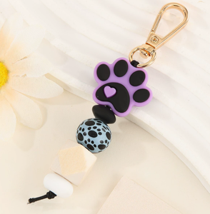 Silicone Cat Paw Beaded <b>Keychain</b> Fluffy Pom-Pom Wood Beads Handcrafted Light Keyring Accessory with Woven Technique - Product Image 2