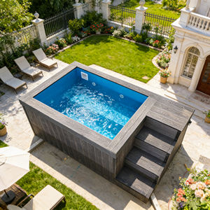 Piscina moderna con líneas limpias y acabado interior de azulejos de vidrio reflectante, piscina con estructura. - Product Image 3