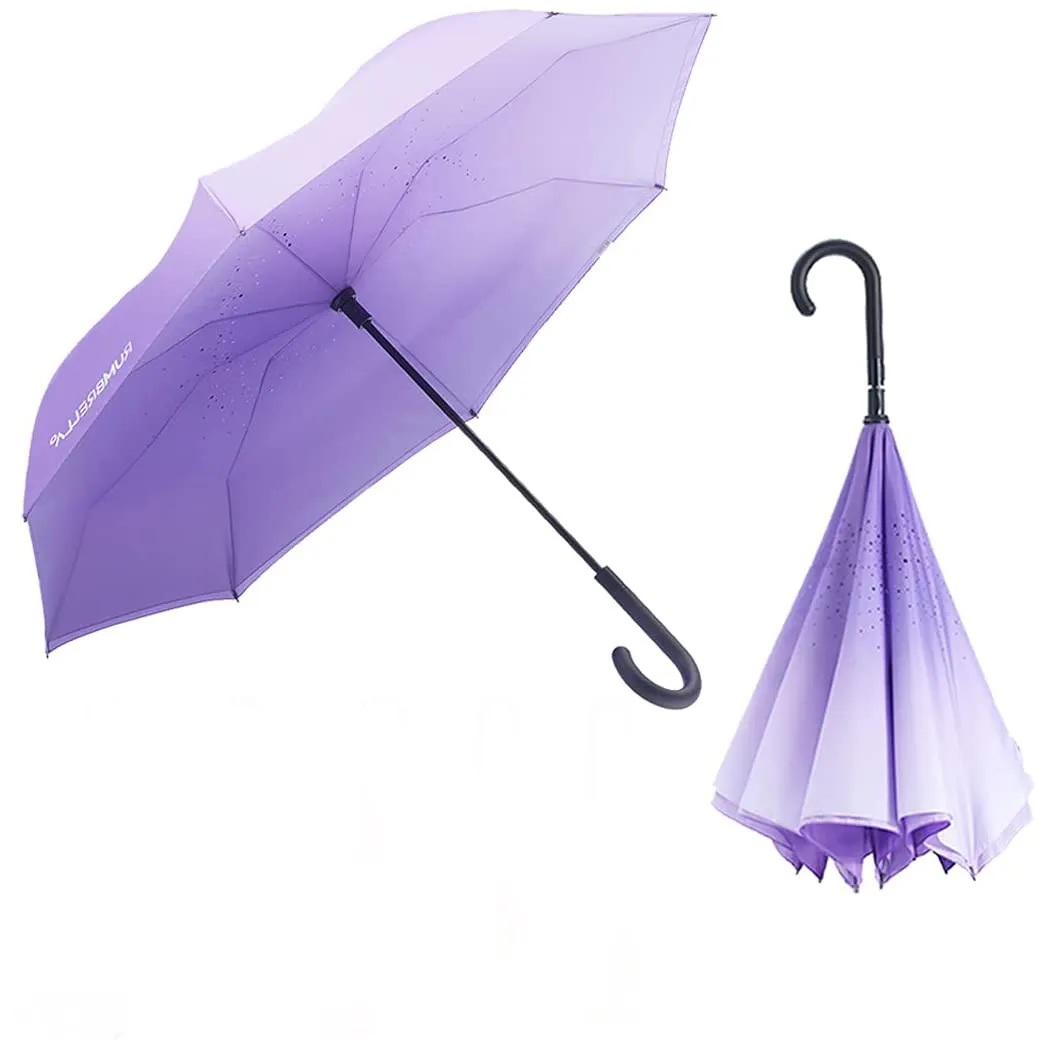 Paraguas inverso a prueba de viento para coche, accesorio con mango de gancho J para mujeres y niñas, color púrpura